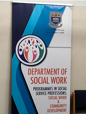 A banner reads: University of Western Cape. Department of Social Work. Programmes in social service professions: social work and community development