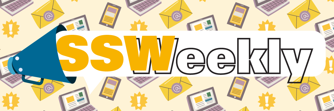 SSWeekly, with megaphone and icons of phones, laptops and emails